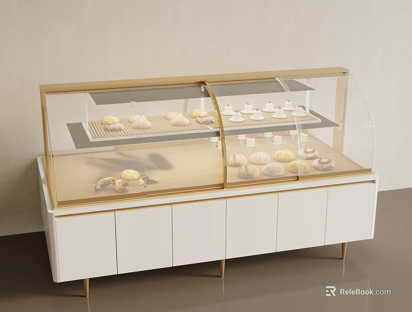 Display Case Shelf With Glass Cover White Cabinet Golden Frame For Displaying Bread And Pastries 3d model 