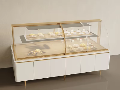 Display Case Shelf With Glass Cover White Cabinet Golden Frame For Displaying Bread And Pastries 3d model