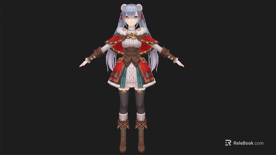 Woman with long hair wearing decorative cape detailed dress and stylish designed boots 3d model 