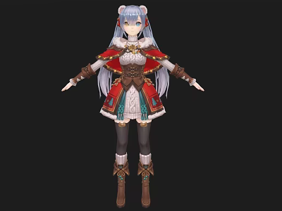 Woman with long hair wearing decorative cape detailed dress and stylish designed boots 3d model