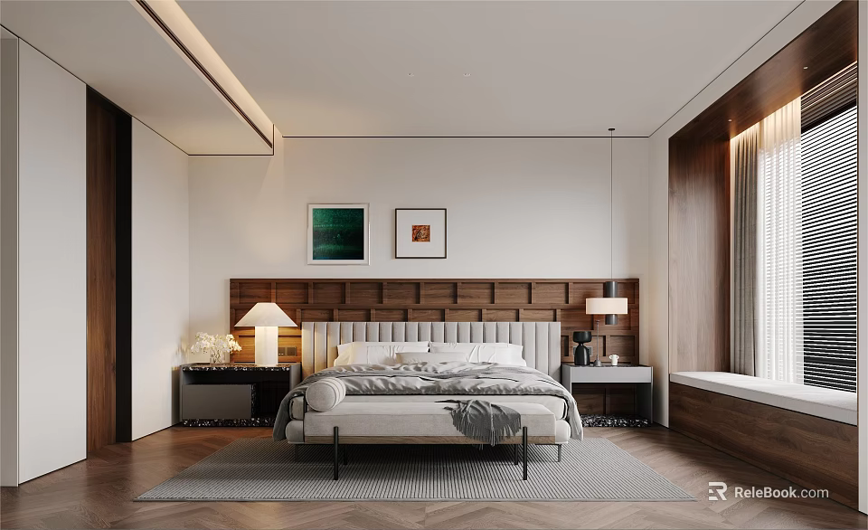 Modern Bedroom Interior With Wooden Headboard Decorative Paintings Table Lamps And Rug 3d model 