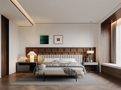 Modern Bedroom Interior With Wooden Headboard Decorative Paintings Table Lamps And Rug 3d model