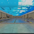 Indoor Swimming Pool With Blue Cloud Ceiling Design Yellow Lane Dividers And Rest Chairs
