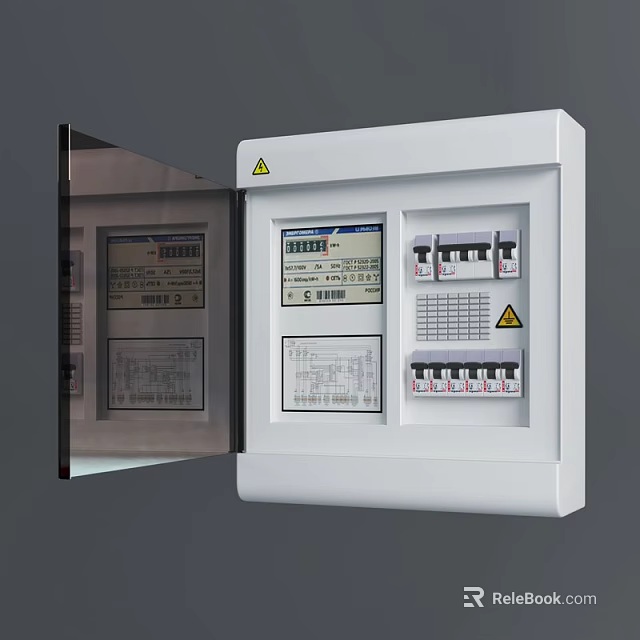 White Electrical Switch Panel with Open Door Display Screen and Warning Signs 3d model