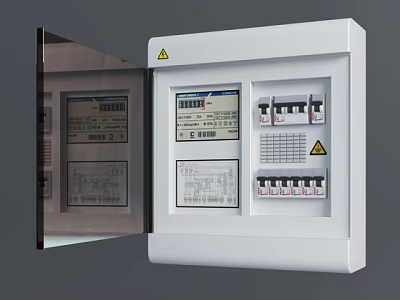 White Electrical Switch Panel with Open Door Display Screen and Warning Signs 3d model