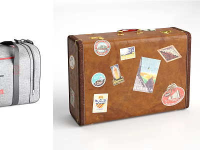 Vintage Brown Suitcase And Gray Luggage With Colorful Travel Stickers And Retro Design 3d model