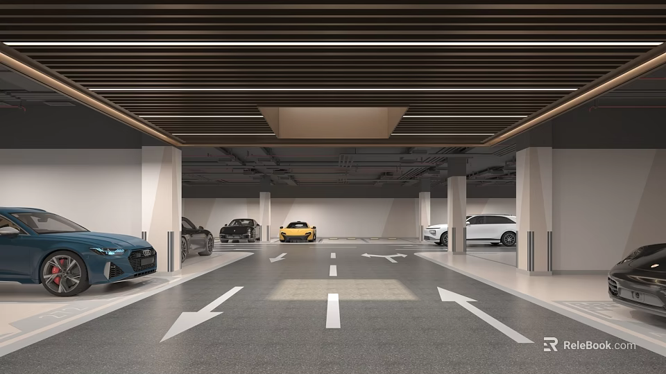 Modern Parking Garage With Parked Cars Arrow Markings Wooden Slat Ceiling And White Walls 3d model 