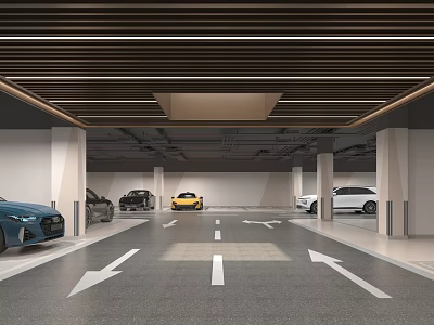 Modern Parking Garage With Parked Cars Arrow Markings Wooden Slat Ceiling And White Walls 3d model