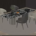 Modern Dining Table Set With Marble Tabletop Light Gray Chairs And Greenery Decor 3d model