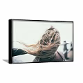 Framed Portrait Painting of Blonde Woman With Windblown Hair and Outdoor Background