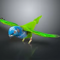 Colorful Parrot Flying with Vibrant Green Wings and Blue Head Against Gray Background