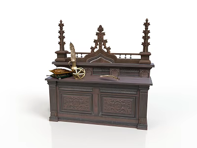 Classic Dark Brown Carved Wooden Cabinet With Ornate Top And Decorative Items 3d model