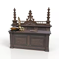 Classic Dark Brown Carved Wooden Cabinet With Ornate Top And Decorative Items
