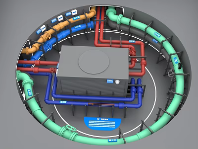 Commercial Industrial Equipment Circular Structure With Colored Pipes And Labels 3d model