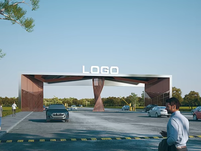 Modern Entrance Gate Featuring LOGO with Cars and People Around Trees Under Blue Sky 3d model