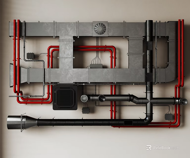 Industrial Red And Black Pipes System With Metal Framing And Ventilation Components 3d model 