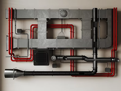 Industrial Red And Black Pipes System With Metal Framing And Ventilation Components 3d model