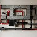 Industrial Red And Black Pipes System With Metal Framing And Ventilation Components
