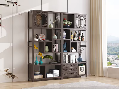 Traditional Carved Decorative Cabinet With Layered Shelves Vases Books And Wine Bottles 3d model