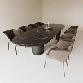 Modern Oval Black Marble Dining Table With Gray Chairs And Cylindrical Base 3d model