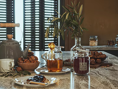 Tableware Set With Gray Kettle Glass Jars Wooden Bowl Nuts Olive Branch On Marble Countertop 3d model
