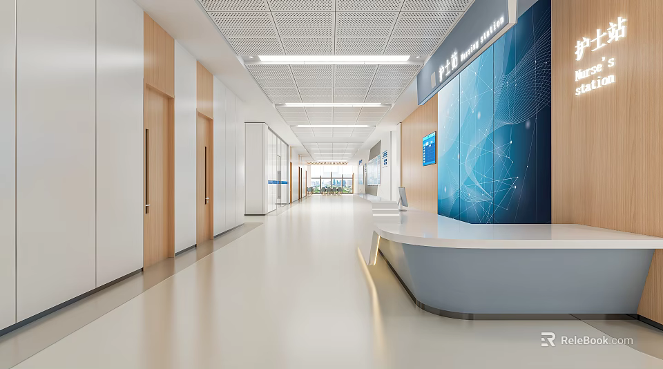 Modern Hospital Outpatient Clinic Interior With Spacious Corridor Reception Desk And Digital Screen 3d model 