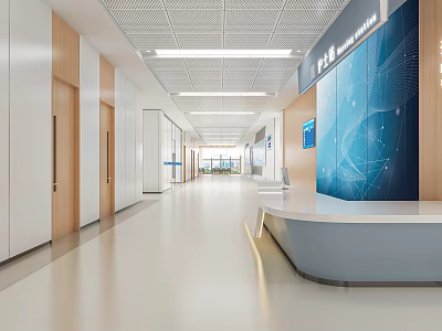 Modern Hospital Outpatient Clinic Interior With Spacious Corridor Reception Desk And Digital Screen 3d model
