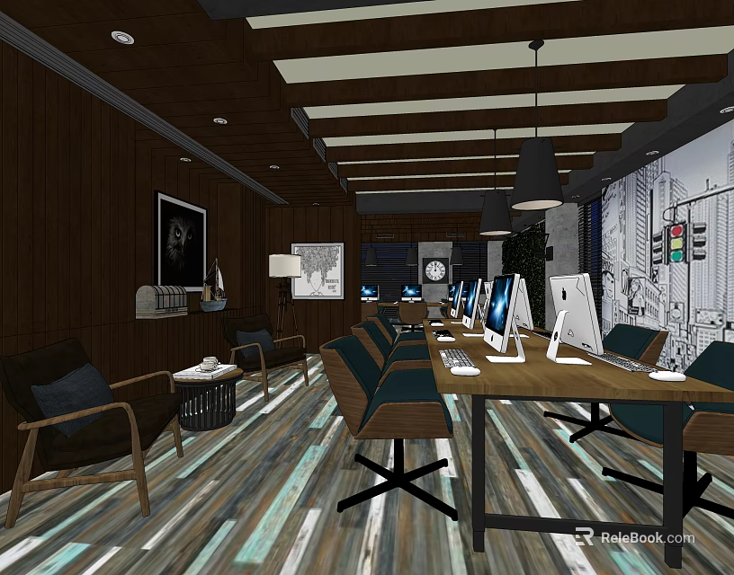 Modern Public Office Area With Wooden Walls Beam Ceiling And Computer Workstations 3d model 