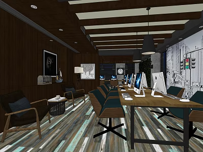 Modern Public Office Area With Wooden Walls Beam Ceiling And Computer Workstations 3d model