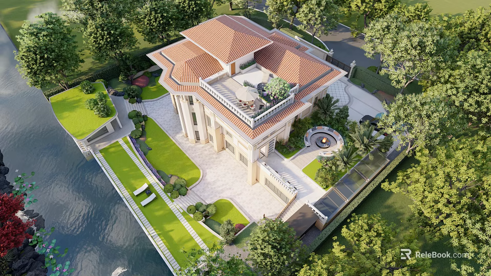 Elegant Detached Villa With Red Tile Roof Lush Greenery And Waterfront Garden 3d model 