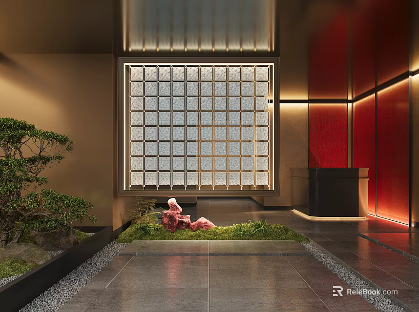 Serene Indoor Landscape Featuring Grid Patterned Glass Window Green Plants Rock Moss And Warm Lighting 3d model 