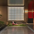 Serene Indoor Landscape Featuring Grid Patterned Glass Window Green Plants Rock Moss And Warm Lighting