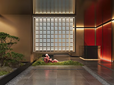 Serene Indoor Landscape Featuring Grid Patterned Glass Window Green Plants Rock Moss And Warm Lighting 3d model