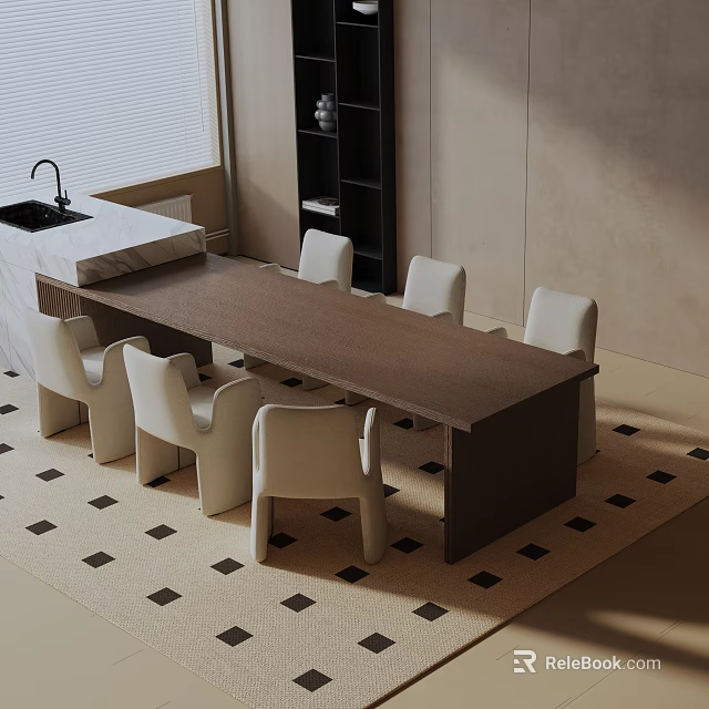 Modern Dining Table Set With Brown Table Six White Chairs And Black White Checkered Rug 3d model 
