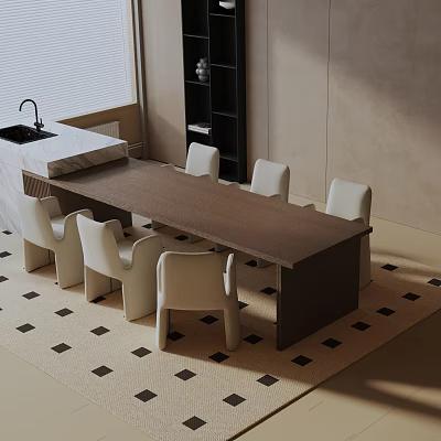 Modern Dining Table Set With Brown Table Six White Chairs And Black White Checkered Rug 3d model
