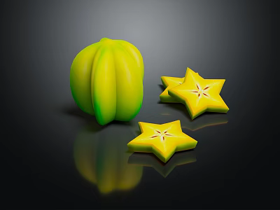 Fresh Yellow Green Star Fruit With Sliced Pieces On Black Background Reflections 3d model