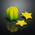 Fresh Yellow Green Star Fruit With Sliced Pieces On Black Background Reflections