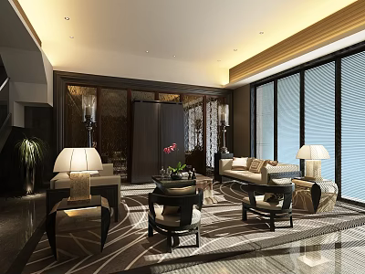 Modern Elegant Living Room With New Chinese Style Furniture And Soft Warm Indoor Lighting 3d model