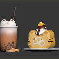 Cute Cat Themed Milk Tea With Boba And Cat Face Cake With Cream And Cookies