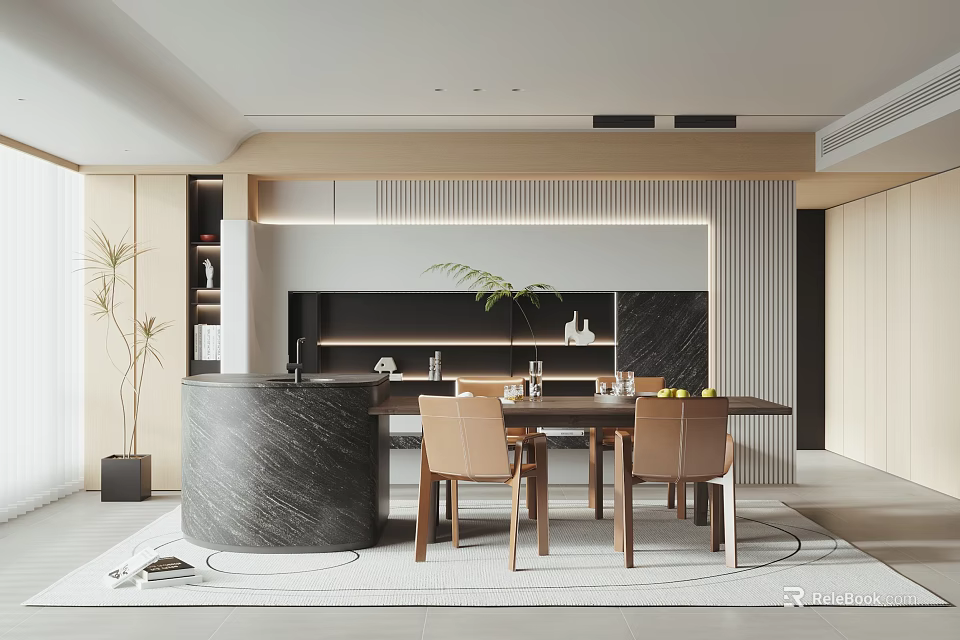 Modern Restaurant Interior Design With Wooden Dining Table And Marble Countertop 3d model