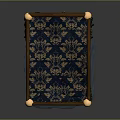 Elegant Double Bed With Dark Blue Gold Patterned Canopy Purple Frame And Pink Pillows
