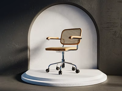 Modern Office Chair With Wicker Backrest Wooden Armrests And Casters 3d model