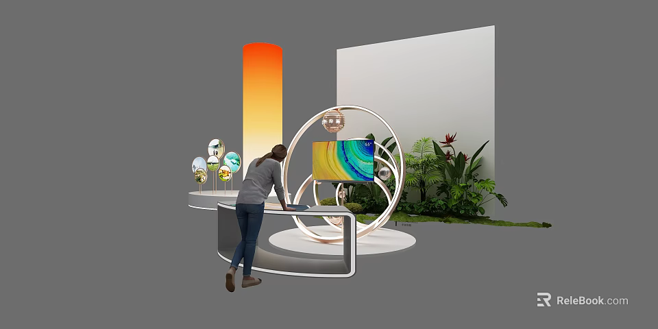 Modern E-commerce Exhibition Booth With Circular Display Colorful Screen Green Plants And Orange Gradient Pillar 3d model 