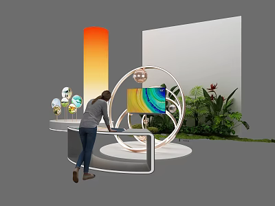 Modern E-commerce Exhibition Booth With Circular Display Colorful Screen Green Plants And Orange Gradient Pillar 3d model