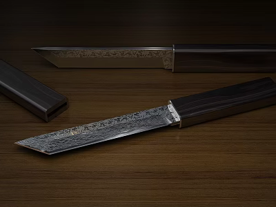 Traditional Handcrafted Knife With Patterned Blade And Black Handle On Wooden Surface 3d model