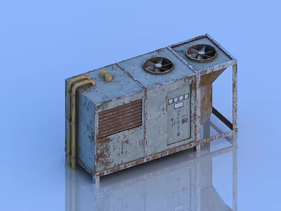Rusty Old Industrial Equipment with Two Fans Yellow Pipes and Metal Structure 3d model