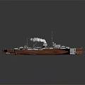Red Vintage Steam-powered Warship Sailing on Water with Smokestack Emitting White Smoke and Turrets