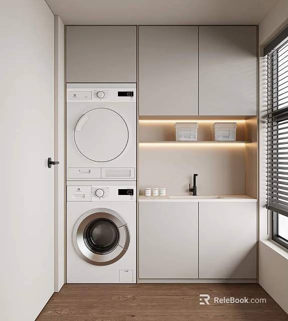 Home Balcony Laundry Area With Stacked Washer Dryer White Cabinets Sink And Storage 3d model 