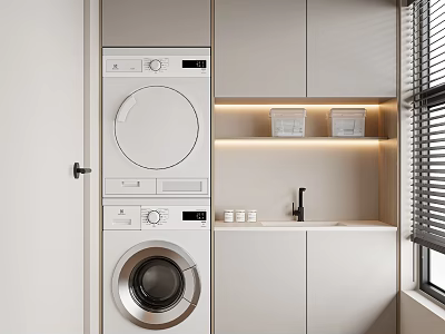 Home Balcony Laundry Area With Stacked Washer Dryer White Cabinets Sink And Storage 3d model