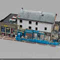 Detailed Two Story Building Model With White Walls Gray Roof Storefronts Windows And Doors